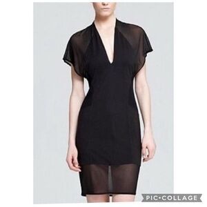Helmut Lang v neck sheer panel fitted LBD mini dress petite